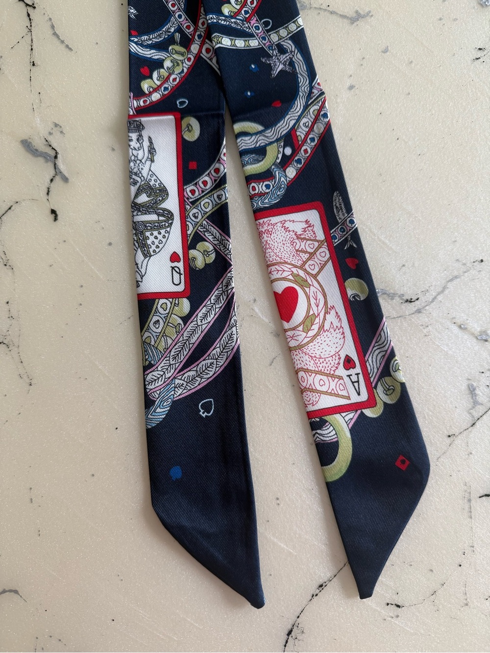 Twilly Ribbon Scarf Navy Multi-Color Playing Cards Hearts Design